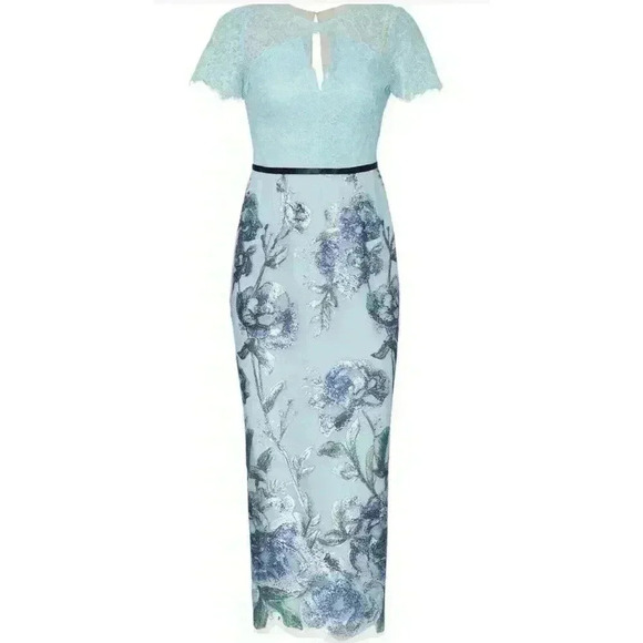 $795 New Marchesa Notte Sequins Embroidered Gown Tiffany Blue Lace Dress 0 Prom - Picture 3 of 8